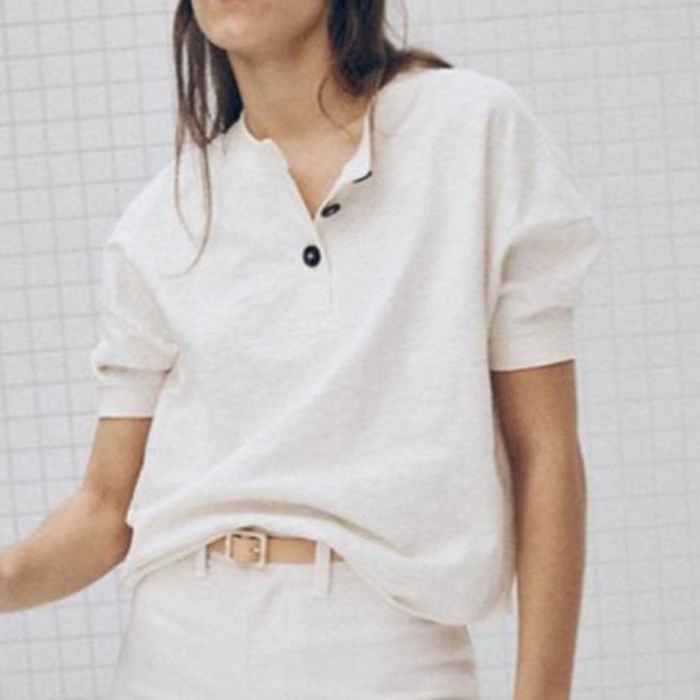 Madewell Cream Raw Edge Short Sleeve Henley Tee